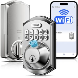 TEEHO TE012W WiFi Fingerprint Smart Door Lock for Front Door, Satin Nickle | App Remote Unlock, Fast Fingerprint, ANSI Grade 3 Security, IP55 Waterproof, Low Battery Alert, 2 Backup Keys, Easy Install